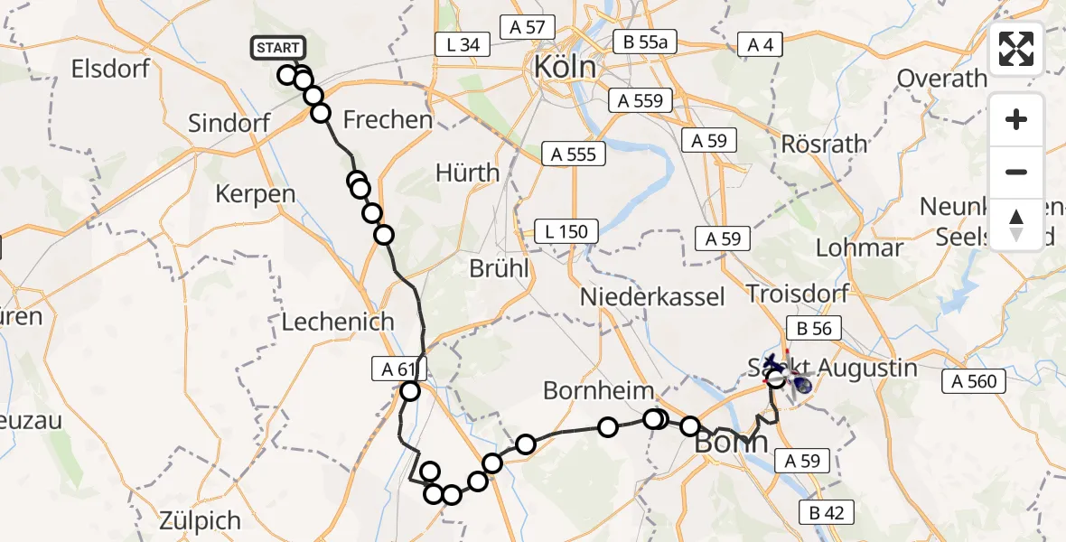 Flugroute Polizeihubschrauber Bergheim - Sankt Augustin, 09 April 2026, 09:13