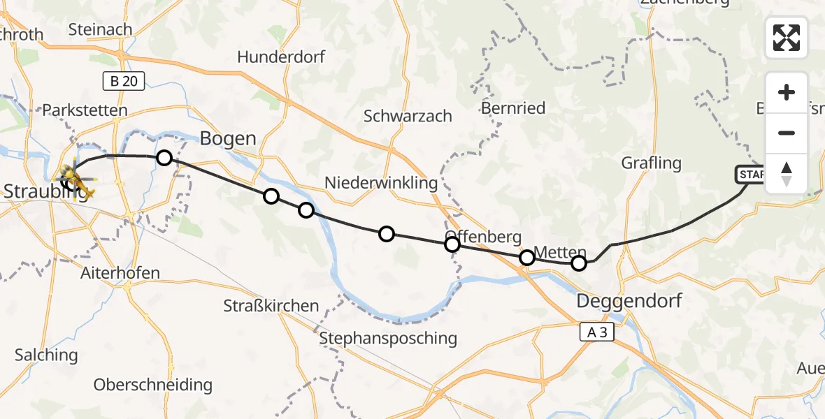 Flugroute Rettungshubschrauber Deggendorf - Sankt Elisabeth Hospital Straubing, 09 April 2026, 09:15