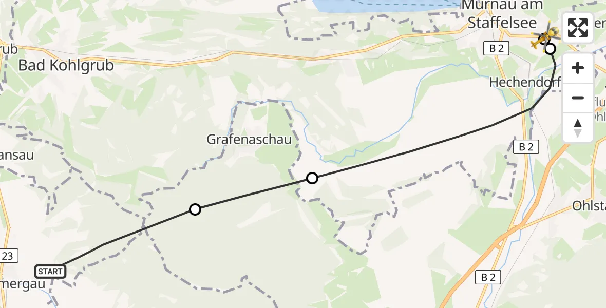 Flugroute Rettungshubschrauber Unterammergau - Murnau Accident Hospital, 09 April 2026, 09:18