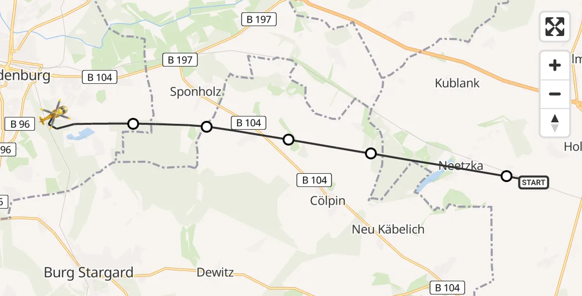 Flugroute Rettungshubschrauber Groß Miltzow - Neubrandenburg, 09 April 2026, 09:21