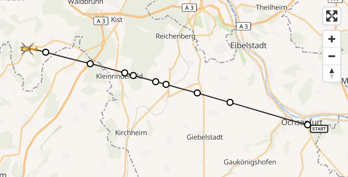 Flugroute Rettungshubschrauber Ochsenfurt Hospital - Altertheim, 09 April 2026, 09:35