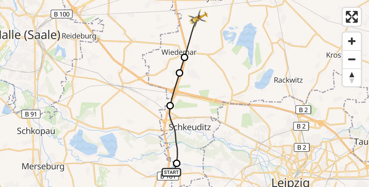 Flugroute Rettungshubschrauber ADAC Air Rescue Station Leipzig/Schkeuditz-Dölzig Hubschrauberlandeplatz (Christoph 61) - Wiedemar, 09 April 2026, 09:47