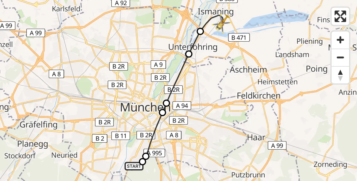 Flugroute Rettungshubschrauber ADAC Air Rescue Center Hubschrauberlandeplatz (Christoph 1) - Ismaning, 09 April 2026, 09:48