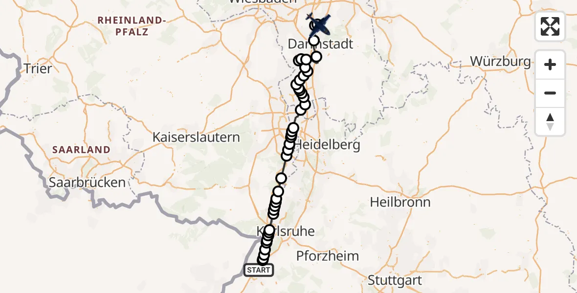 Flugroute Polizeiflugzeug Rastatt - Flughafen Frankfurt-Egelsbach, 09 April 2026, 09:50