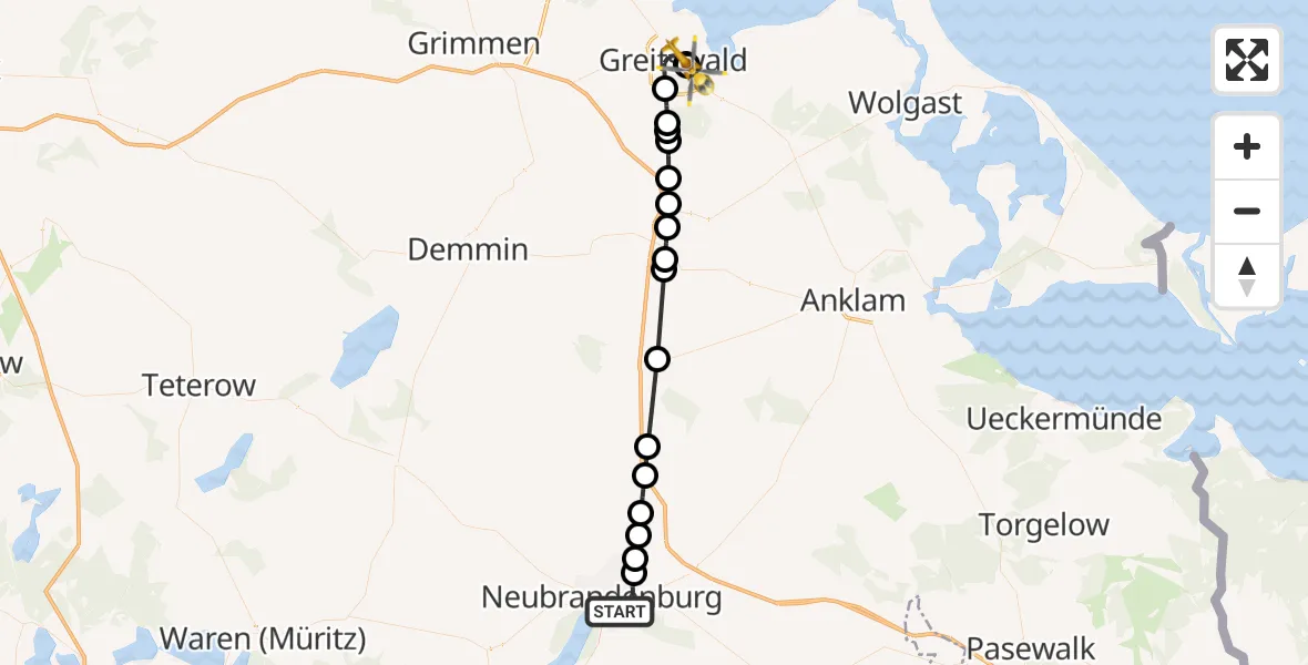 Flugroute Rettungshubschrauber Neubrandenburg - Greifswald Hospital, 09 April 2026, 09:52