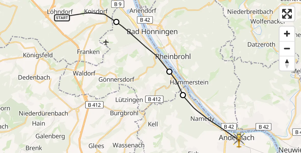Flugroute Rettungshubschrauber Sinzig - Andernach, 09 April 2026, 09:54
