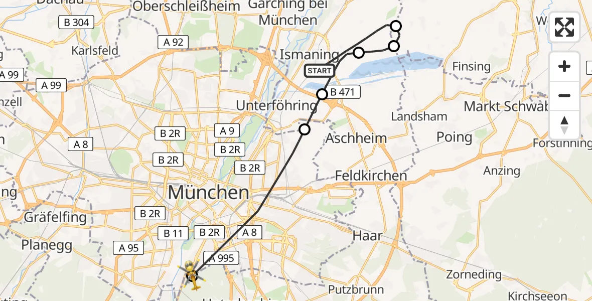 Flugroute Rettungshubschrauber Ismaning - ADAC Air Rescue Center Hubschrauberlandeplatz (Christoph 1), 09 April 2026, 09:54