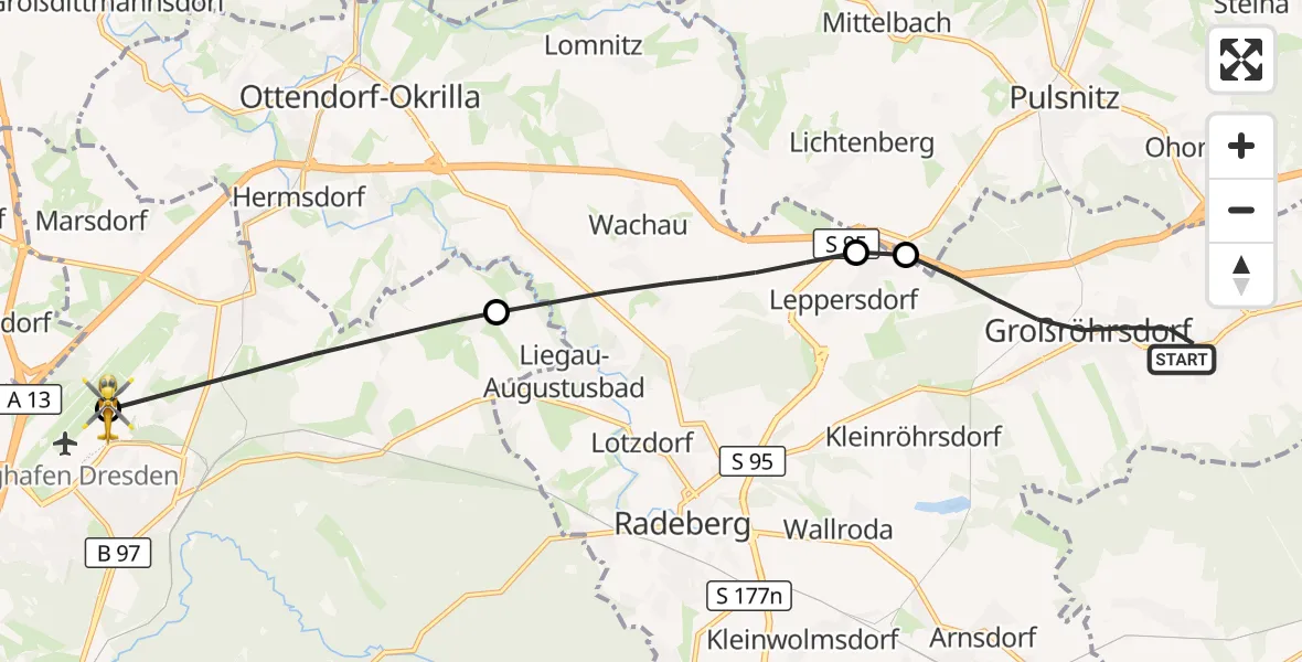 Flugroute Rettungshubschrauber Großröhrsdorf - Dresden Bundespolizei Hubschrauberlandeplatz, 09 April 2026, 09:58