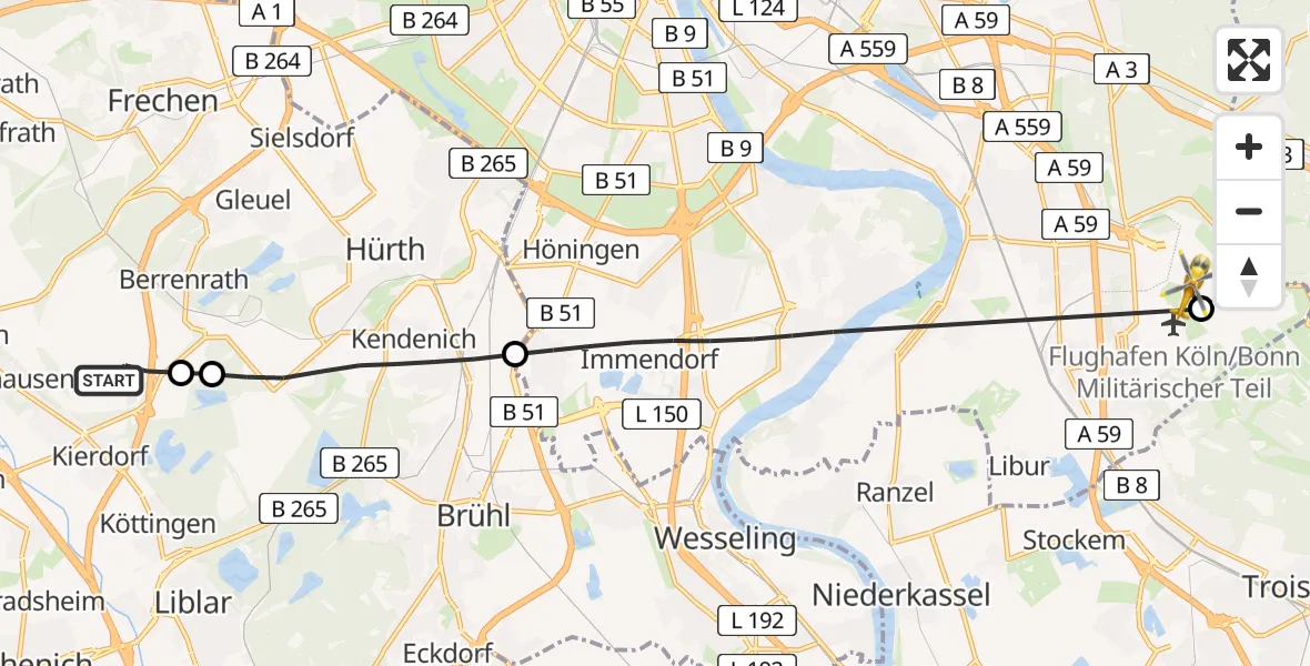 Flugroute Rettungshubschrauber Kerpen - Köln Bonn Flughafen, 09 April 2026, 09:58