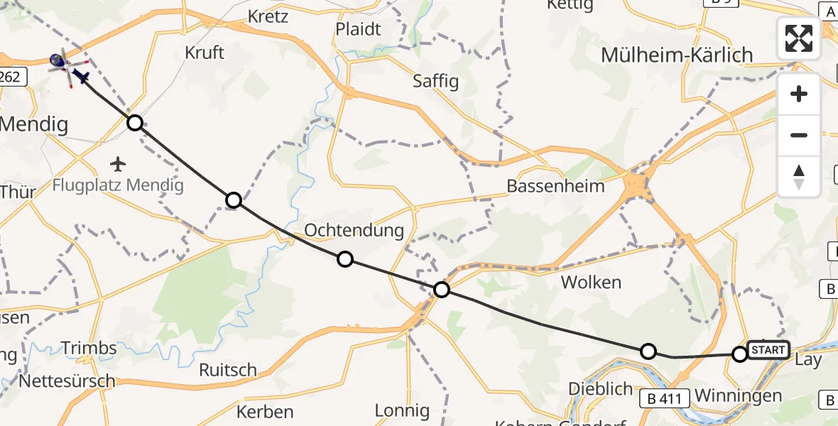 Flugroute Polizeihubschrauber Koblenz-Winningen Flugplatz - Mendig, 09 April 2026, 10:02