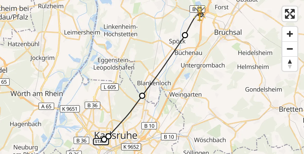 Flugroute Rettungshubschrauber Sankt Vincentius Hospital - Karlsdorf-Neuthard, 09 April 2026, 10:05