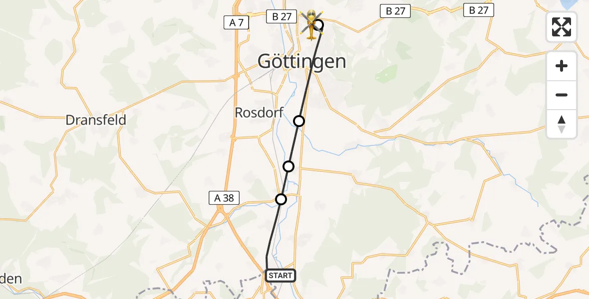 Flugroute Rettungshubschrauber Friedland - Göttingen University Clinic Hubschrauberlandeplatz, 09 April 2026, 10:07