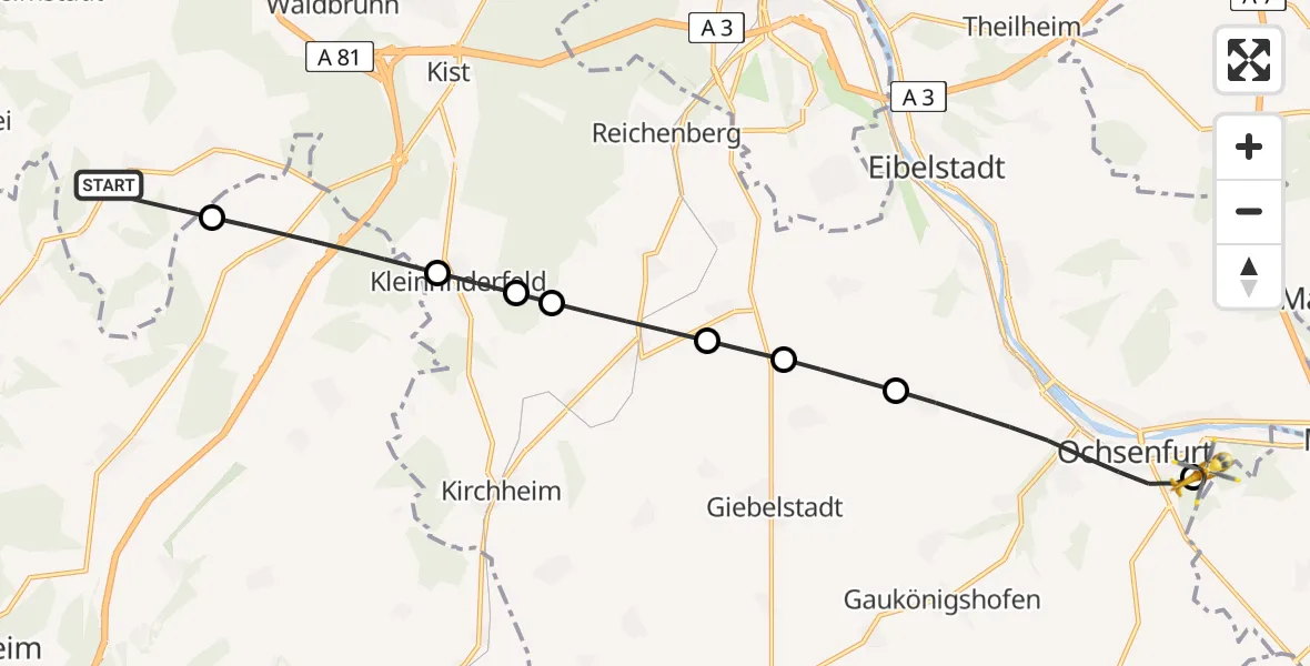 Flugroute Rettungshubschrauber Altertheim - Ochsenfurt Hospital, 09 April 2026, 10:09