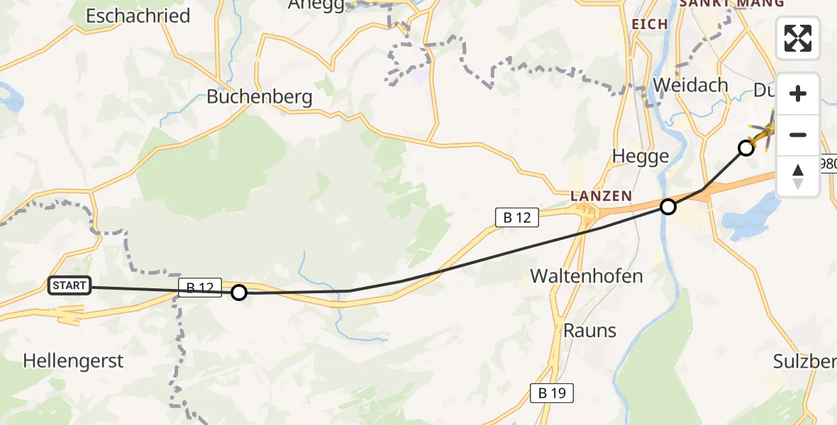 Flugroute Rettungshubschrauber Weitnau - Kempten-Durach Flugplatz, 09 April 2026, 10:28