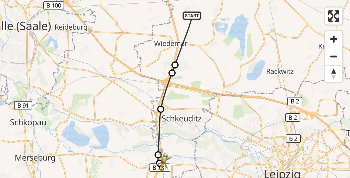Flugroute Rettungshubschrauber Wiedemar - ADAC Air Rescue Station Leipzig/Schkeuditz-Dölzig Hubschrauberlandeplatz (Christoph 61), 09 April 2026, 10:34