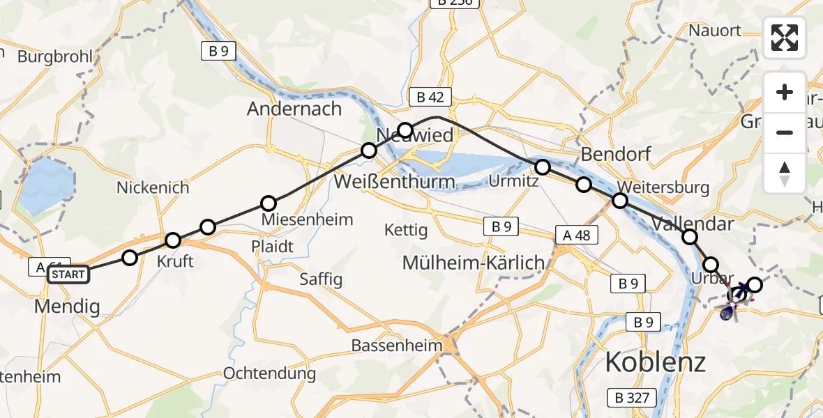 Flugroute Polizeihubschrauber Mendig - Koblenz, 09 April 2026, 10:49