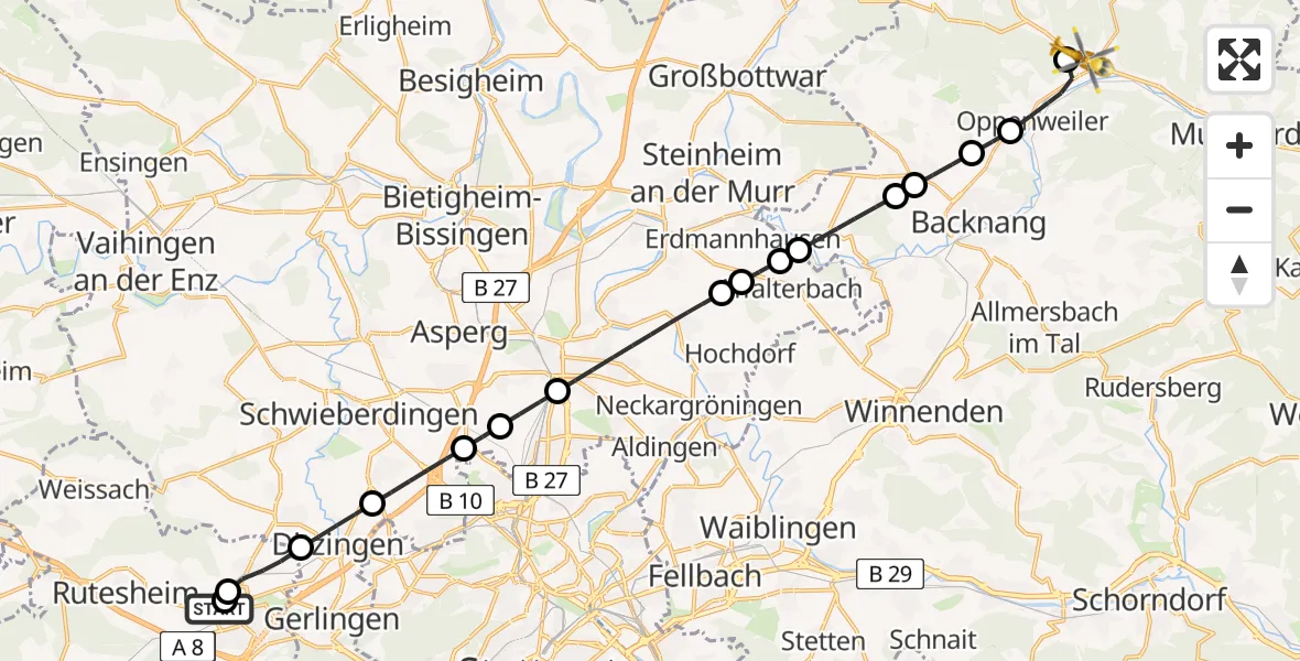 Flugroute Rettungshubschrauber Leonberg Hospital - Sulzbach an der Murr, 09 April 2026, 10:50