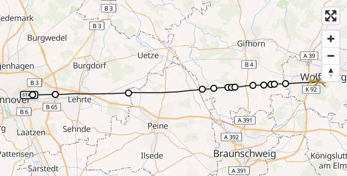 Flugroute Rettungshubschrauber Hannover Luftrettung Hubschrauberlandeplatz (Christoph 4) - Wolfsburg, 09 April 2026, 10:54