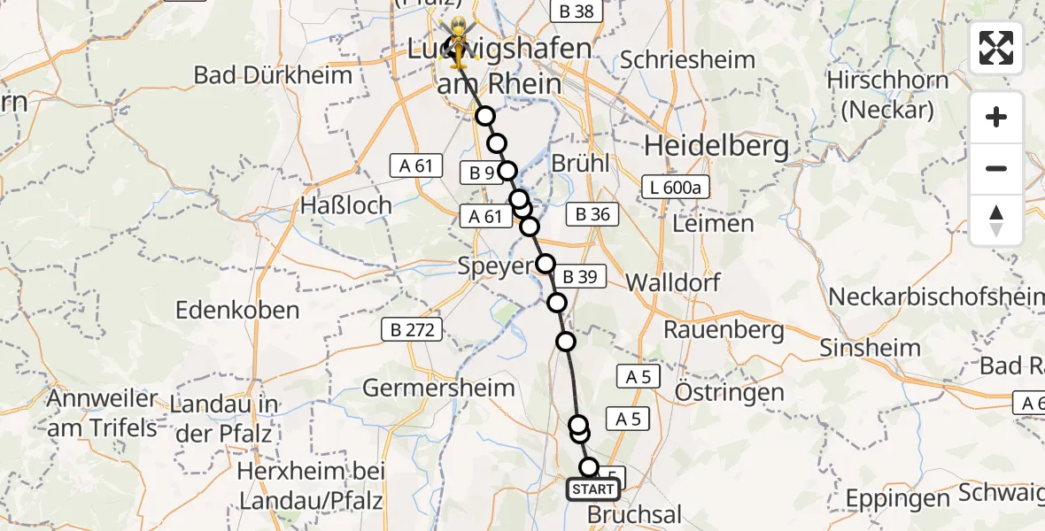 Flugroute Rettungshubschrauber Karlsdorf-Neuthard - Ludwigshafen Accident Hospital, 09 April 2026, 10:54