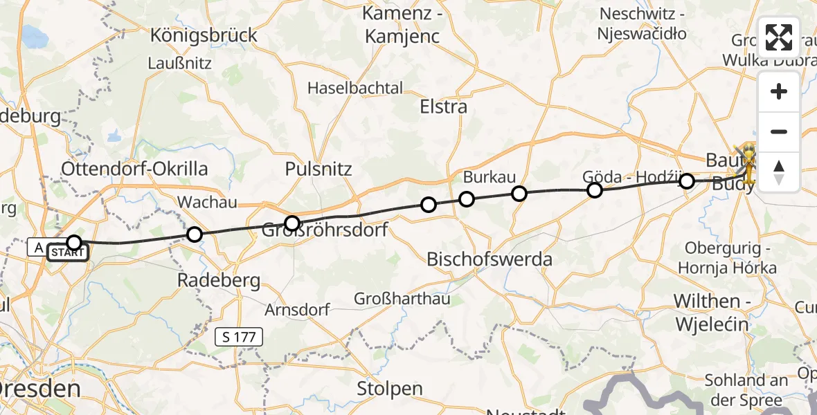 Flugroute Rettungshubschrauber Dresden Bundespolizei Hubschrauberlandeplatz - Bautzen, 09 April 2026, 10:59