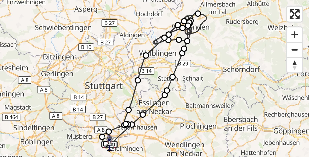 Flugroute Polizeihubschrauber Flughafen Stuttgart - Flughafen Stuttgart, 09 April 2026, 11:00