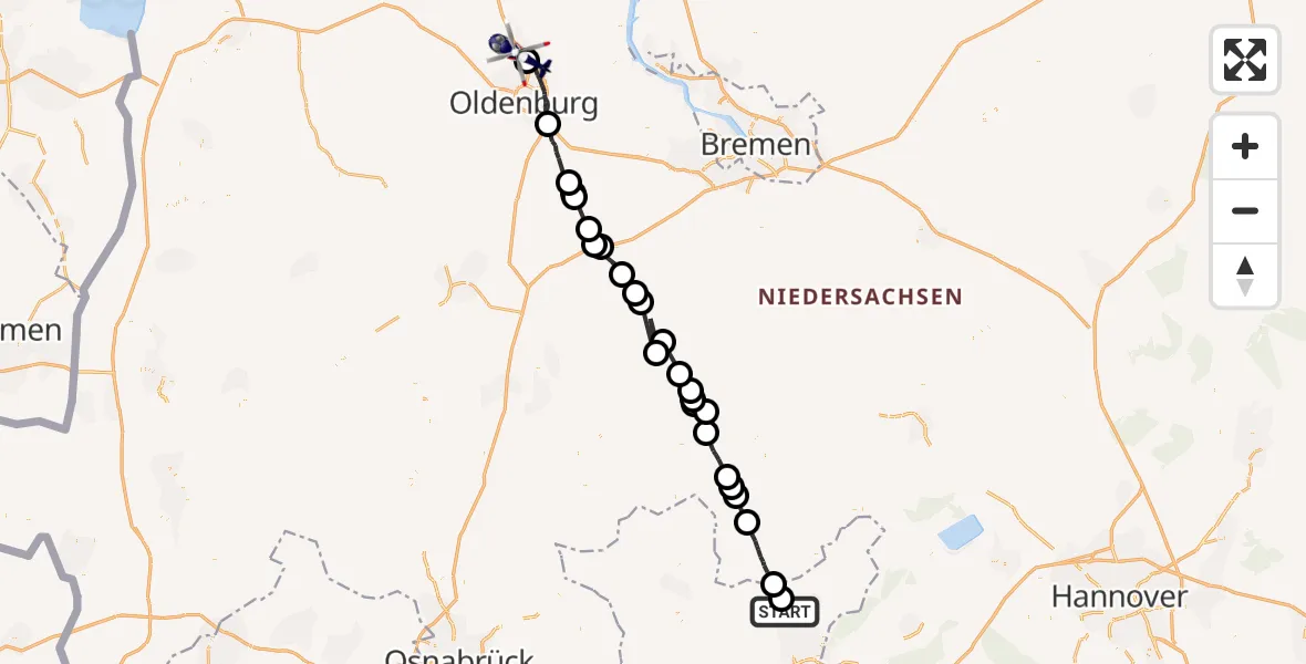 Flugroute Polizeihubschrauber Minden - Rastede, 09 April 2026, 11:07
