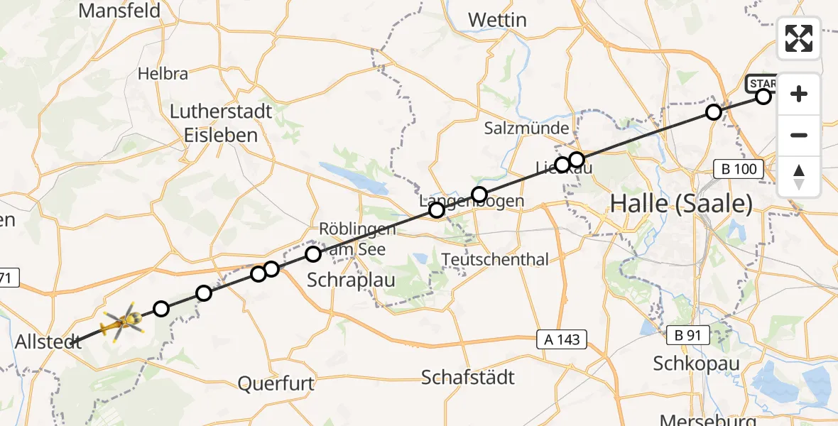 Flugroute Rettungshubschrauber Halle-Oppin Flugplatz - Allstedt, 09 April 2026, 11:11