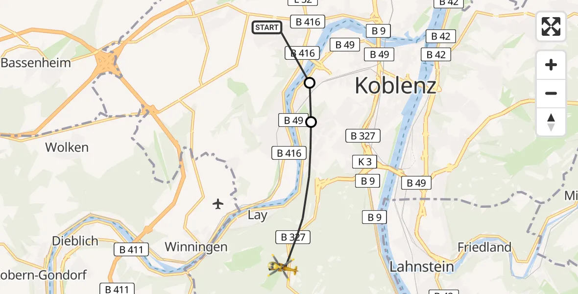 Flugroute Rettungshubschrauber Koblenz - Koblenz, 09 April 2026, 11:18