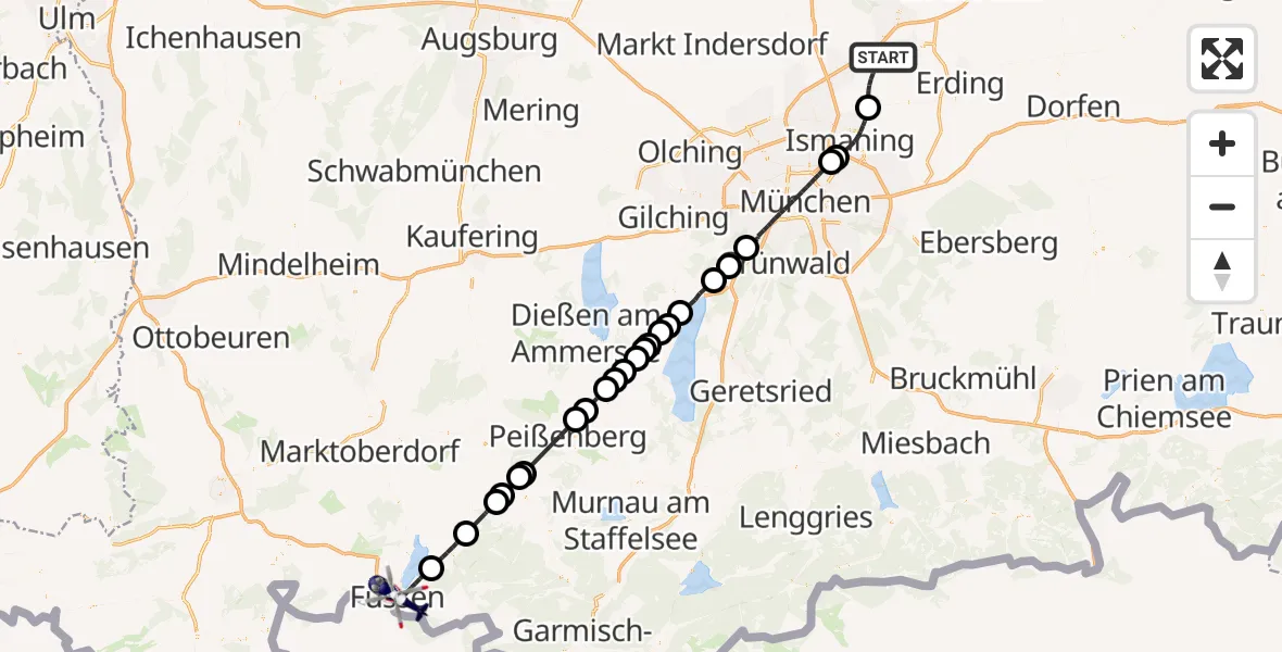 Flugroute Polizeihubschrauber Hallbergmoos - Füssen, 09 April 2026, 11:31