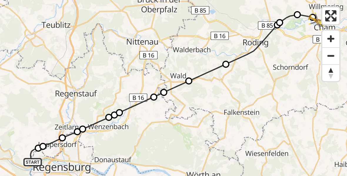 Flugroute Ambulanzhubschrauber Pettendorf - Cham, 09 April 2026, 11:45