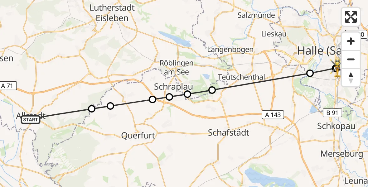 Flugroute Rettungshubschrauber Allstedt - BG Hospital Bergmannstrost Halle, 09 April 2026, 11:50