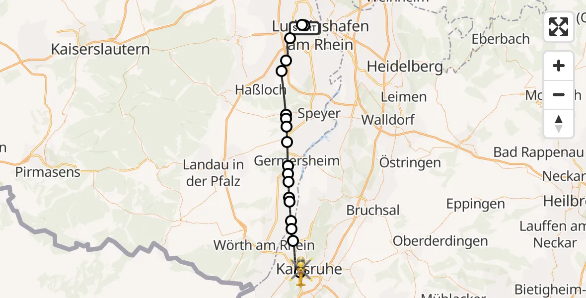 Flugroute Rettungshubschrauber Ludwigshafen Accident Hospital - Sankt Vincentius Hospital, 09 April 2026, 11:51