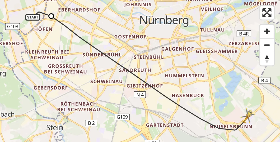 Flugroute Rettungshubschrauber Fürth - Nürnberg, 09 April 2026, 11:52