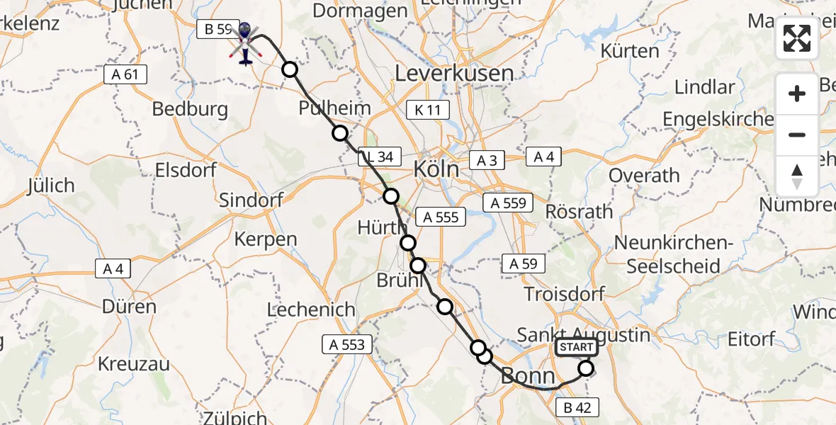 Flugroute Polizeihubschrauber Sankt Augustin - Rommerskirchen, 09 April 2026, 11:52
