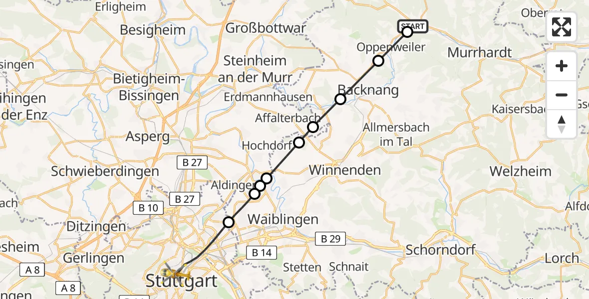 Flugroute Rettungshubschrauber Sulzbach an der Murr - Stuttgart, 09 April 2026, 11:53