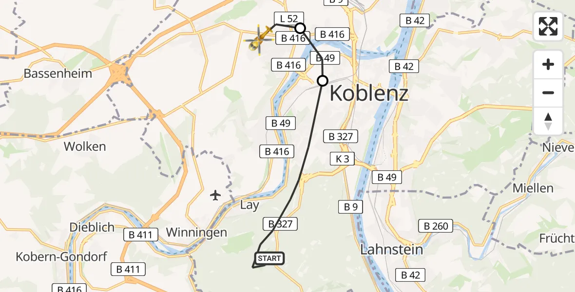 Flugroute Rettungshubschrauber Koblenz - Koblenz, 09 April 2026, 11:53