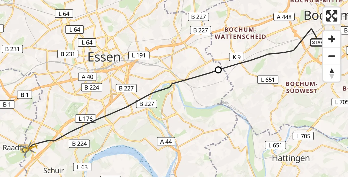 Flugroute Ambulanzhubschrauber Bochum - Essen, 09 April 2026, 11:57