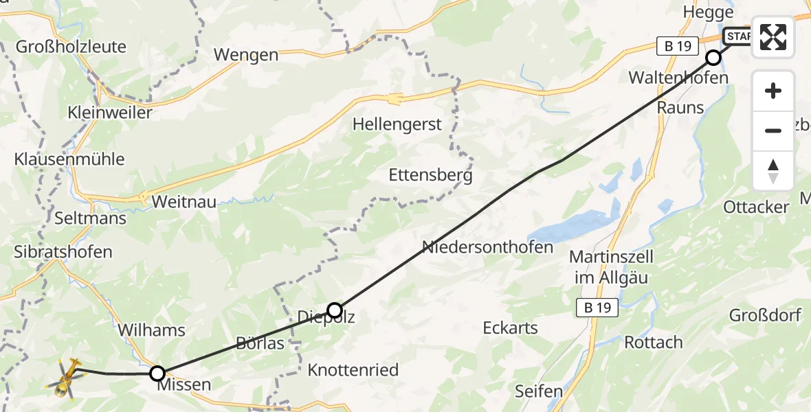 Flugroute Rettungshubschrauber Sulzberg - Missen-Wilhams, 09 April 2026, 11:57