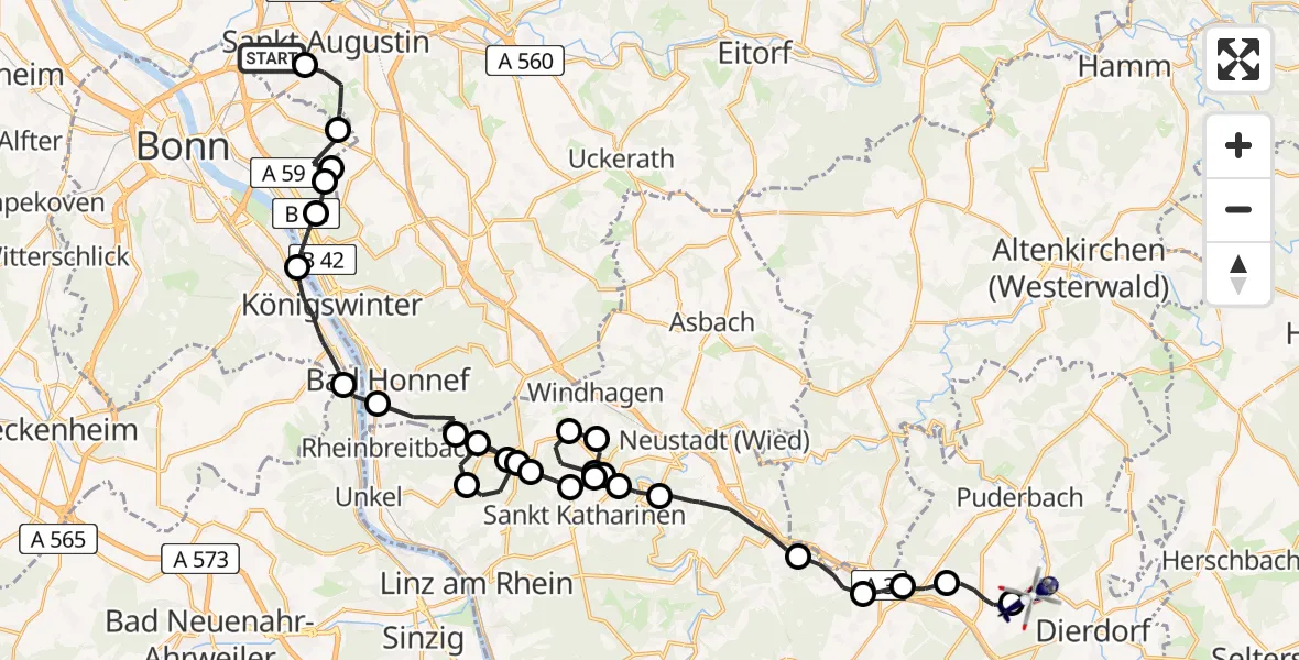 Flugroute Polizeihubschrauber Bonn-Hangelar Flugplatz - Dernbach, 09 April 2026, 12:00