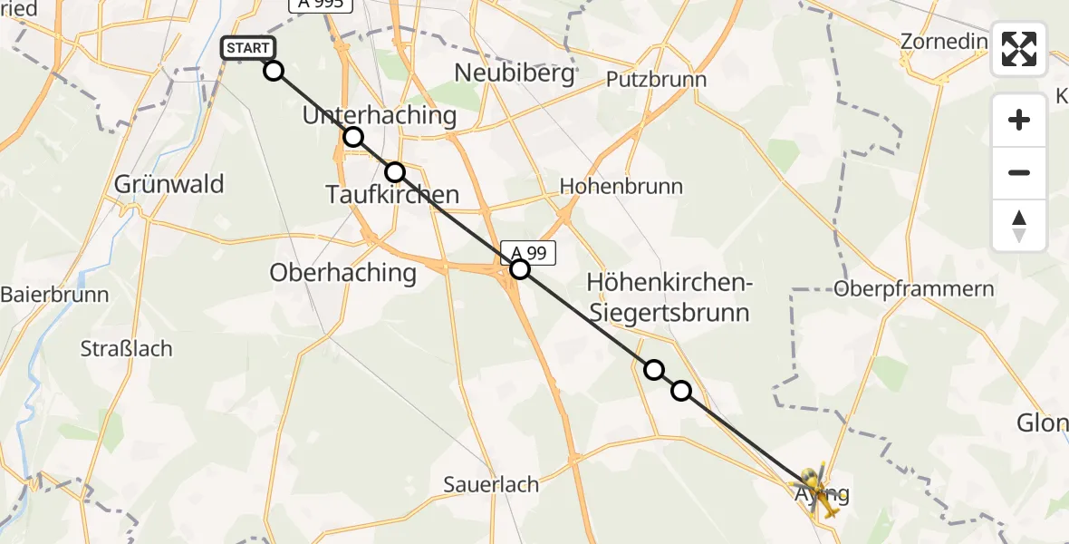 Flugroute Rettungshubschrauber ADAC Air Rescue Center Hubschrauberlandeplatz (Christoph 1) - Aying, 09 April 2026, 12:04