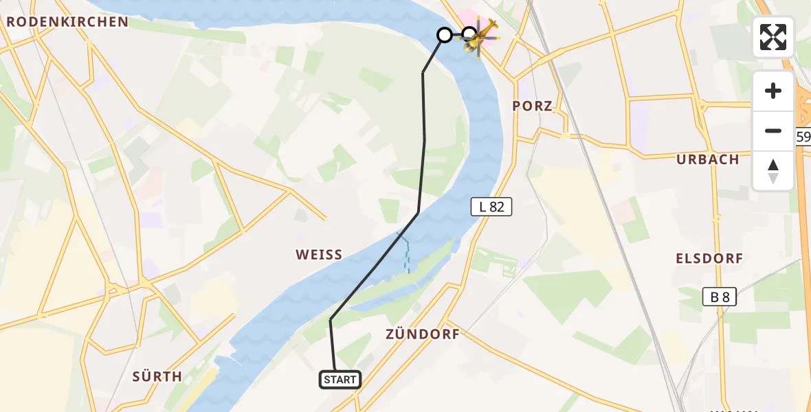 Flugroute Rettungshubschrauber Köln - Porz am Rhein Hospital, 09 April 2026, 12:09