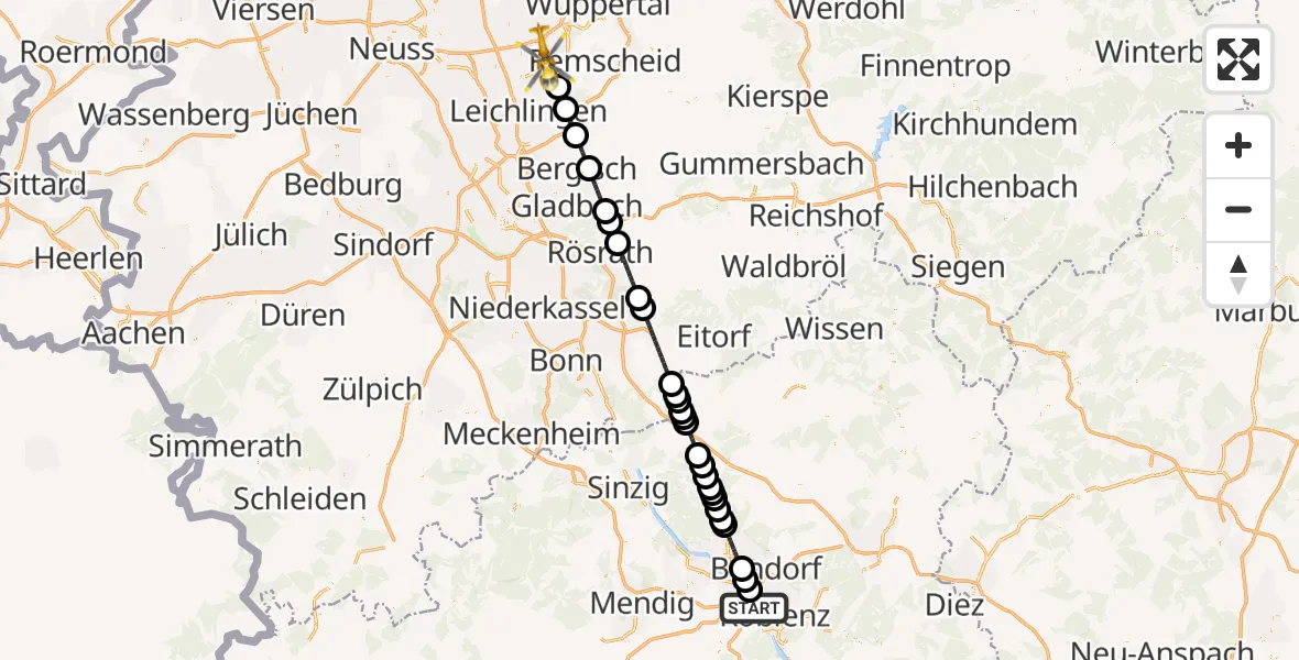 Flugroute Rettungshubschrauber Koblenz - Solingen, 09 April 2026, 12:12