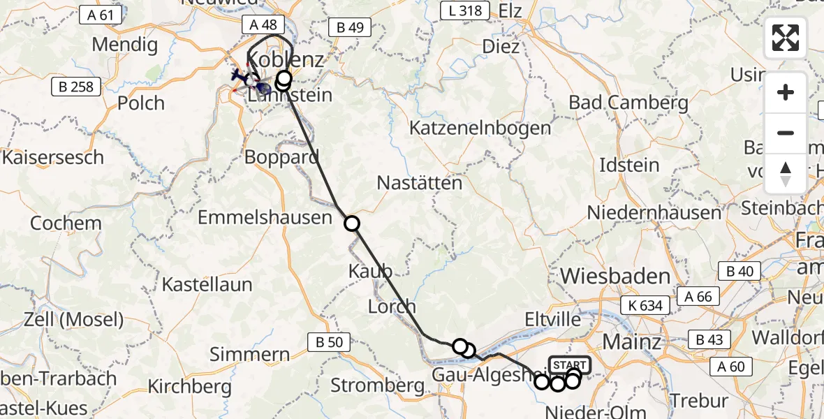 Flugroute Polizeihubschrauber Mainz-Finthen Flugplatz - Koblenz-Winningen Flugplatz, 09 April 2026, 12:14