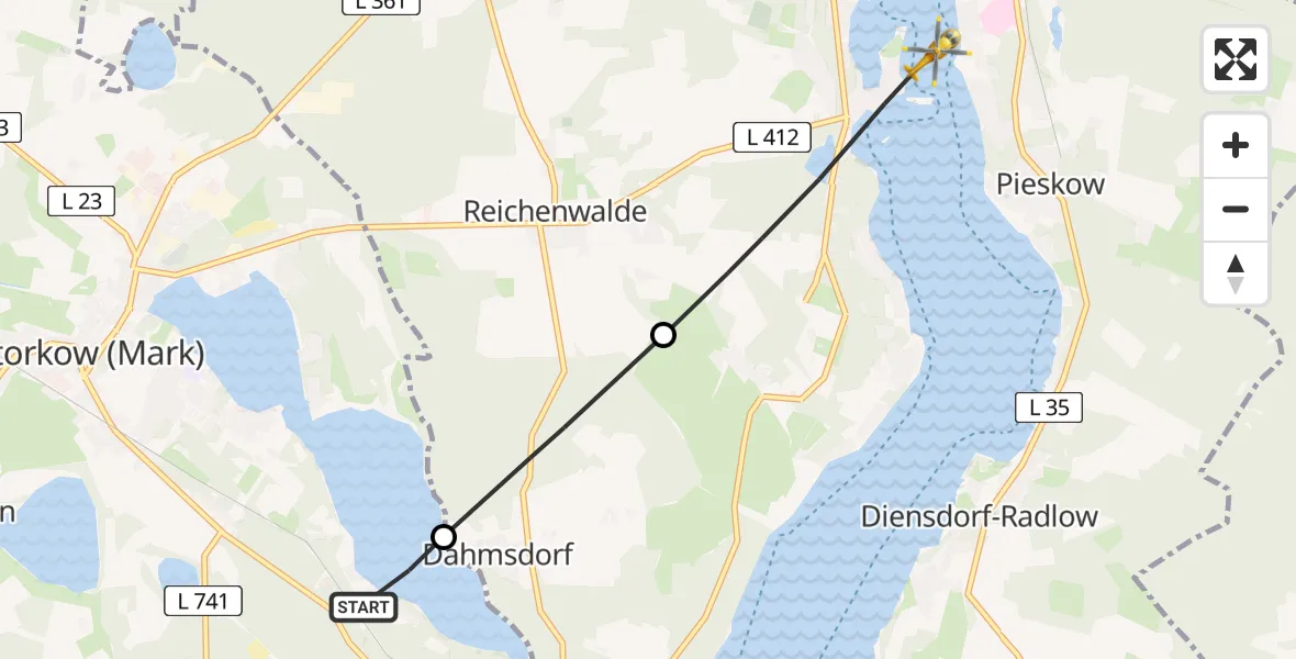 Flugroute Rettungshubschrauber Storkow (Mark) - Bad Saarow, 09 April 2026, 12:31