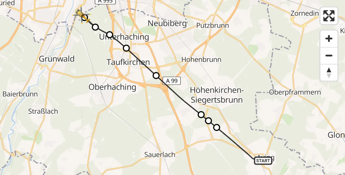 Flugroute Rettungshubschrauber Aying - ADAC Air Rescue Center Hubschrauberlandeplatz (Christoph 1), 09 April 2026, 12:38