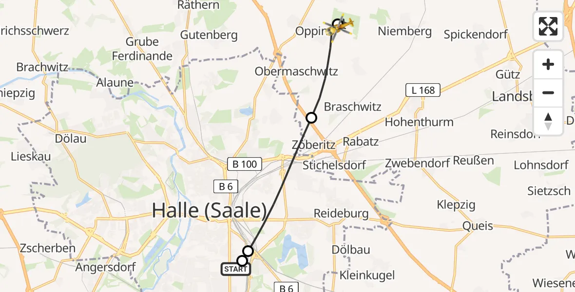 Flugroute Rettungshubschrauber BG Hospital Bergmannstrost Halle - Halle-Oppin Flugplatz, 09 April 2026, 12:40
