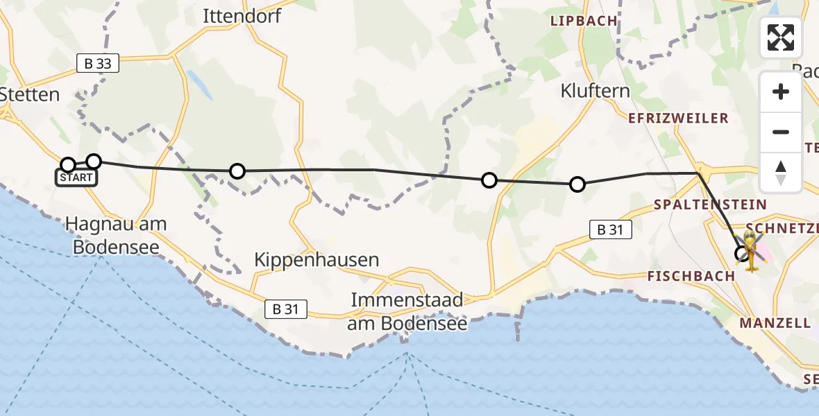 Flugroute Rettungshubschrauber Hagnau am Bodensee - Friedrichshafen Hospital, 09 April 2026, 12:45