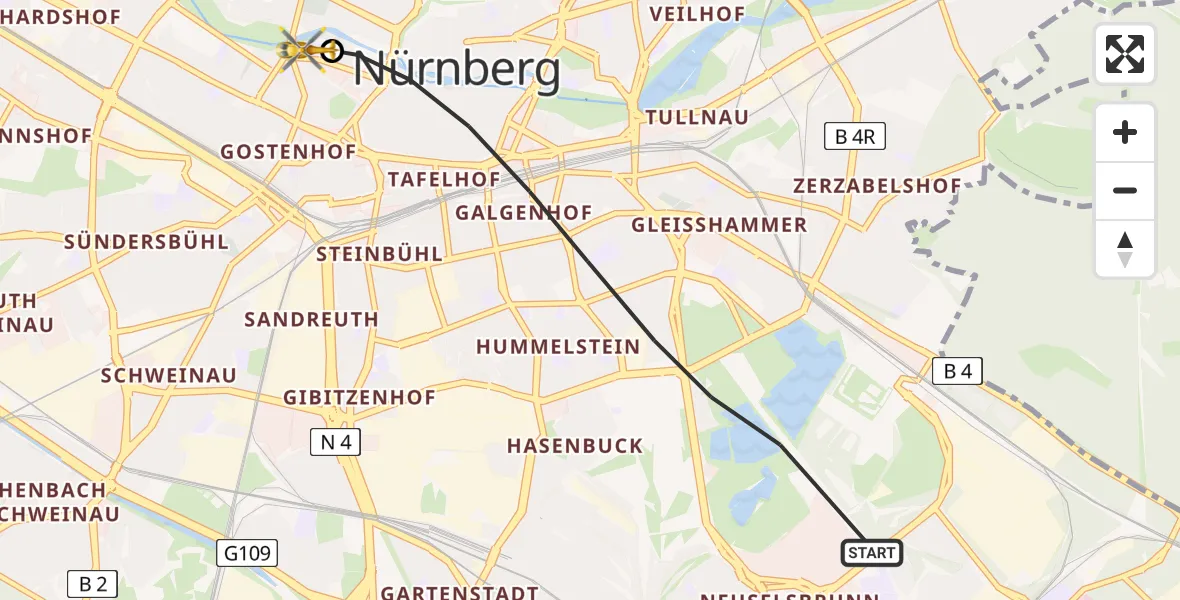Flugroute Rettungshubschrauber Nürnberg - Deutschherrnwiese Hubschrauberlandeplatz, 09 April 2026, 12:47
