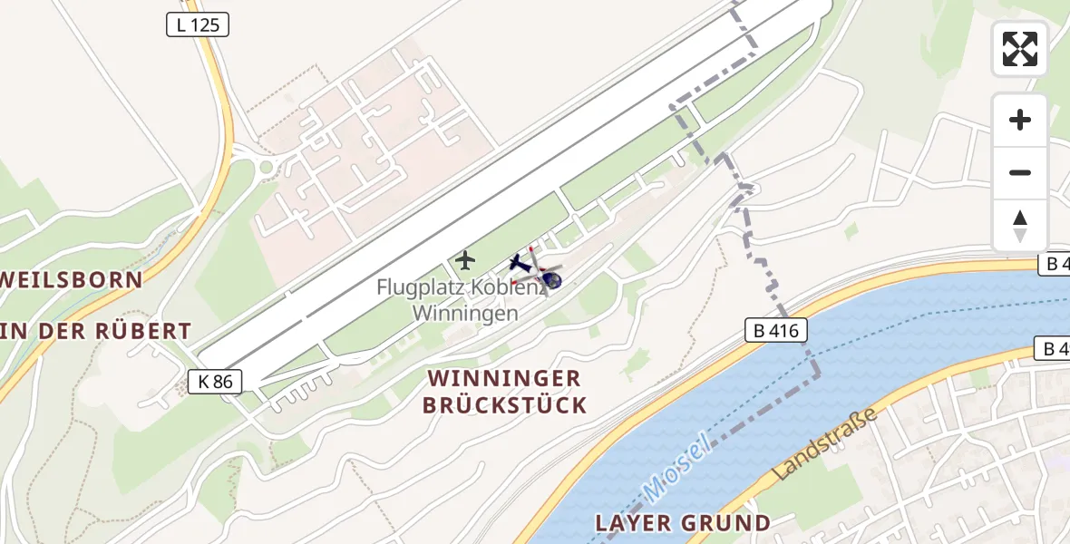 Flugroute Polizeihubschrauber Koblenz-Winningen Flugplatz - Koblenz-Winningen Flugplatz, 09 April 2026, 12:49