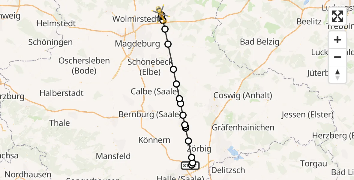 Flugroute Ambulanzhubschrauber Halle-Oppin Flugplatz - Jerichower Land District Hospital Hubschrauberlandeplatz, 09 April 2026, 12:51